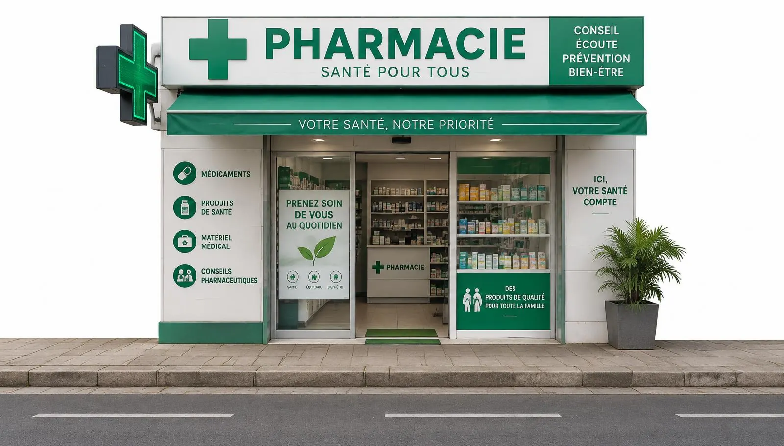 Une pharmacie de quartier au bord d'une rue